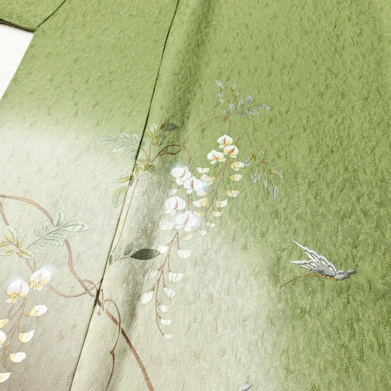 訪問着 一つ紋付き 正絹 木の葉・植物柄 袷仕立て 身丈162cm 裄丈68cm リサイクル着物 着物 刺繍 箔 入学式 卒業式 七五三 お宮参り フォーマル 緑・うぐいす色_画像5