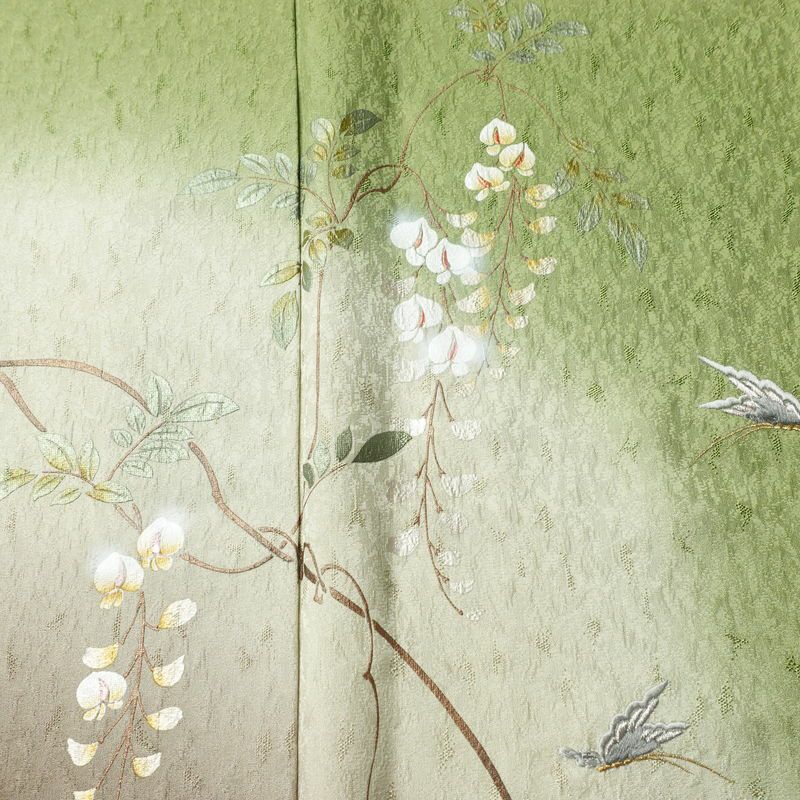 訪問着 一つ紋付き 正絹 木の葉・植物柄 袷仕立て 身丈162cm 裄丈68cm リサイクル着物 着物 刺繍 箔 入学式 卒業式 七五三 お宮参り フォーマル 緑・うぐいす色_画像6