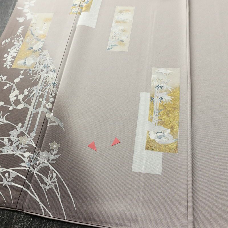 付け下げ 正絹 木の葉・植物柄 袷仕立て 身丈149.5cm 裄丈62cm リサイクル着物 着物 刺繍 箔 共八掛 入学式 卒業式 七五三 お宮参り フォーマル 上品 紫・藤色_画像4