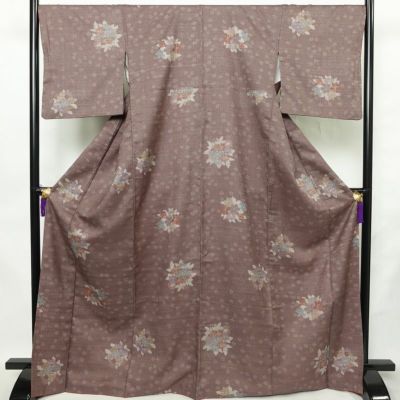 紬 正絹 花柄 袷仕立て 身丈168.5cm 裄丈69cm リサイクル着物 着物 紫・藤色
