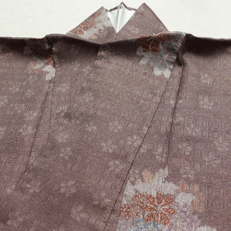 紬 正絹 花柄 袷仕立て 身丈168.5cm 裄丈69cm リサイクル着物 着物 紫・藤色_画像18
