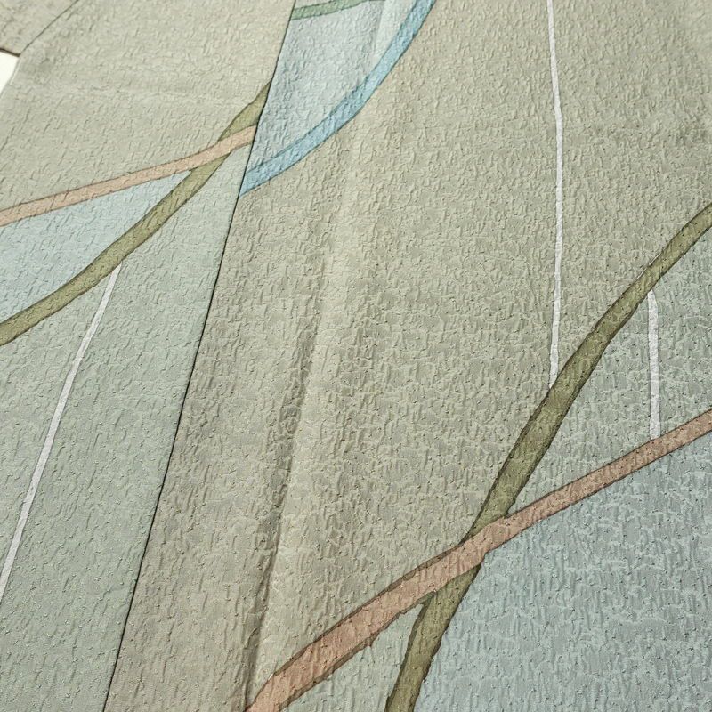 小紋 良品 しつけ糸付き ふくれ織 正絹 幾何学柄・抽象柄 袷仕立て 身丈152cm 裄丈65cm リサイクル着物 着物 多色使い_画像5