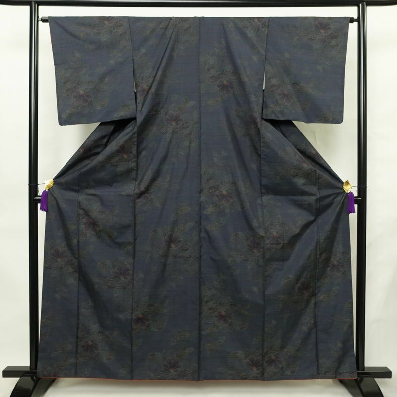大島紬 証紙なし 正絹 花柄 袷仕立て 身丈161.5cm 裄丈64cm リサイクル着物 着物 青・紺_画像1