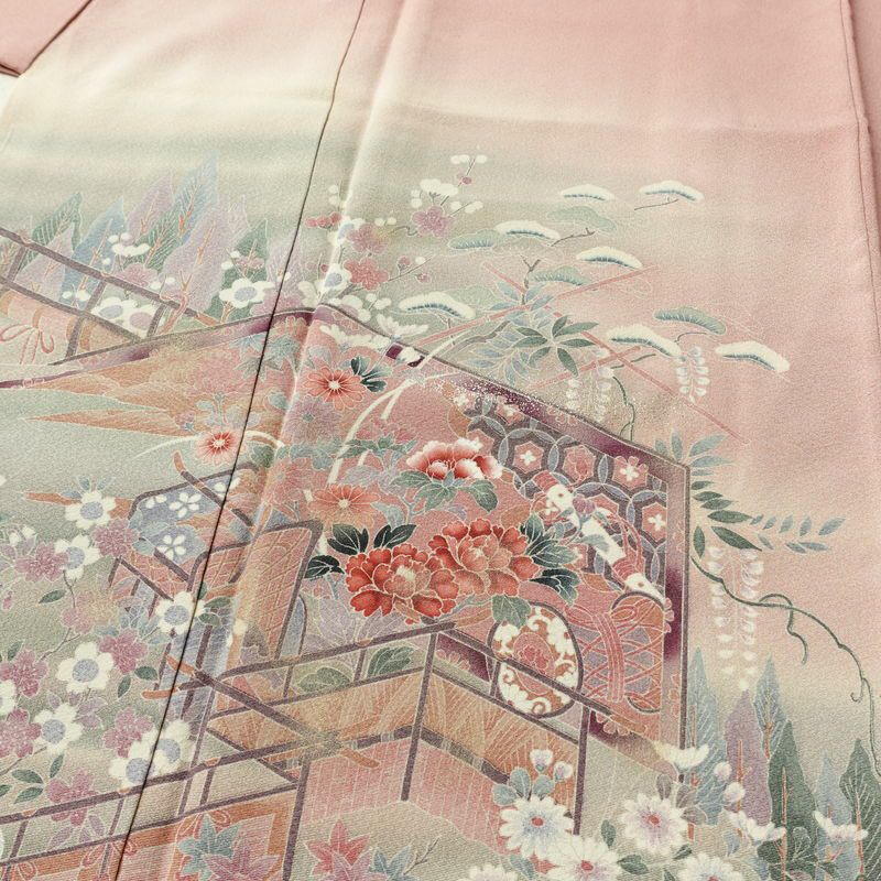 色留袖 しつけ糸付き 縮緬 一つ紋付き 正絹 古典柄 袷仕立て 身丈153cm 裄丈63.5cm リサイクル着物 着物 箔 共八掛 結婚式 フォーマル ピンク_画像5