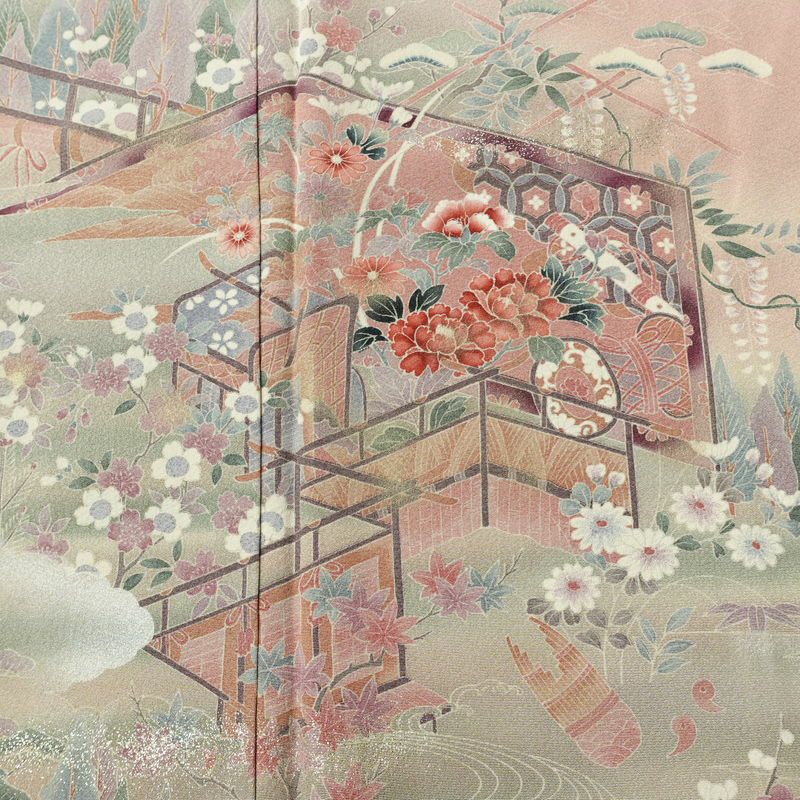 色留袖 しつけ糸付き 縮緬 一つ紋付き 正絹 古典柄 袷仕立て 身丈153cm 裄丈63.5cm リサイクル着物 着物 箔 共八掛 結婚式 フォーマル ピンク_画像6