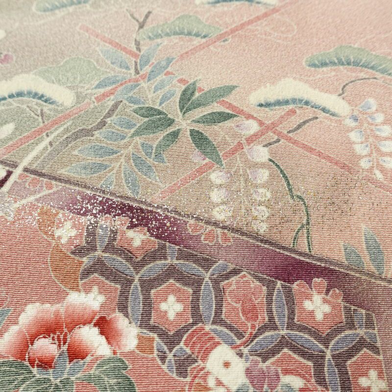 色留袖 しつけ糸付き 縮緬 一つ紋付き 正絹 古典柄 袷仕立て 身丈153cm 裄丈63.5cm リサイクル着物 着物 箔 共八掛 結婚式 フォーマル ピンク_画像8