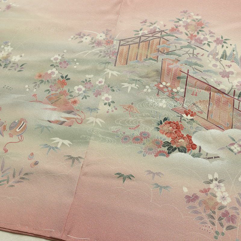 色留袖 しつけ糸付き 縮緬 一つ紋付き 正絹 古典柄 袷仕立て 身丈153cm 裄丈63.5cm リサイクル着物 着物 箔 共八掛 結婚式 フォーマル ピンク_画像12