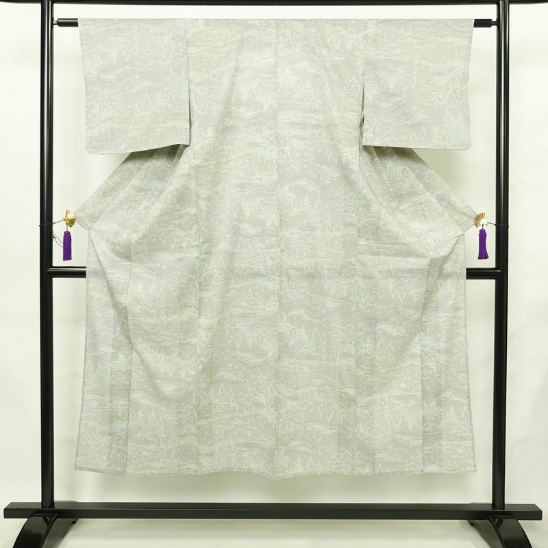 単衣 紬 バチ衿仕立て 混紡 風景柄 単衣仕立て 身丈146cm 裄丈60.5cm リサイクル着物 着物 多色使い_画像1