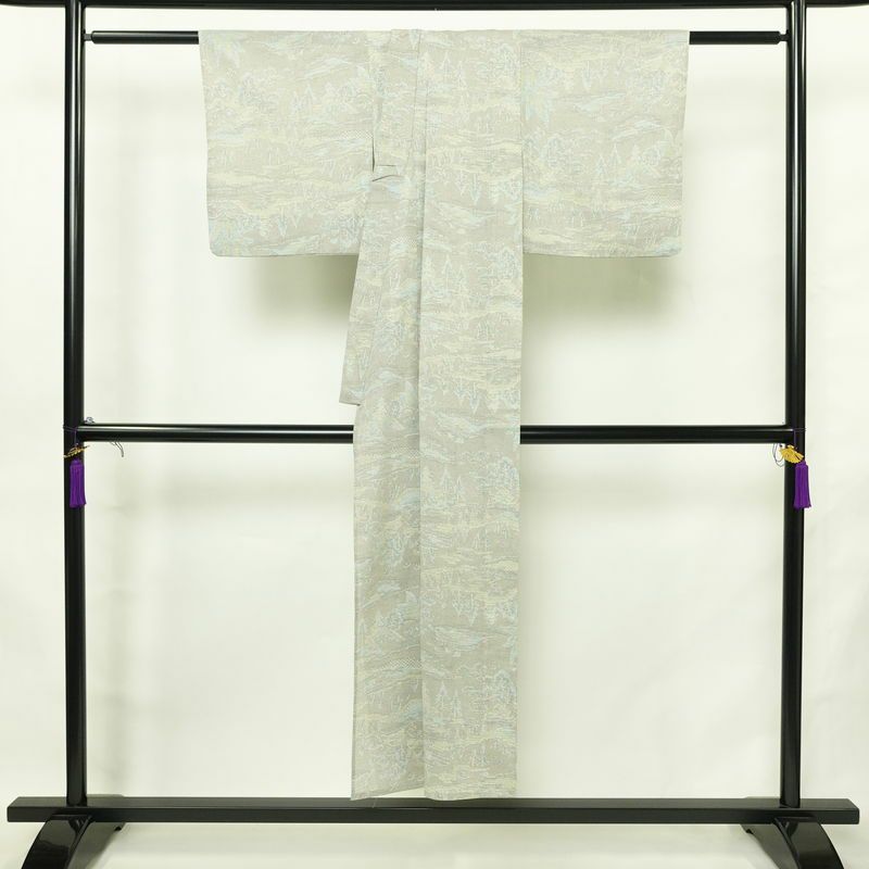 単衣 紬 バチ衿仕立て 混紡 風景柄 単衣仕立て 身丈146cm 裄丈60.5cm リサイクル着物 着物 多色使い_画像2