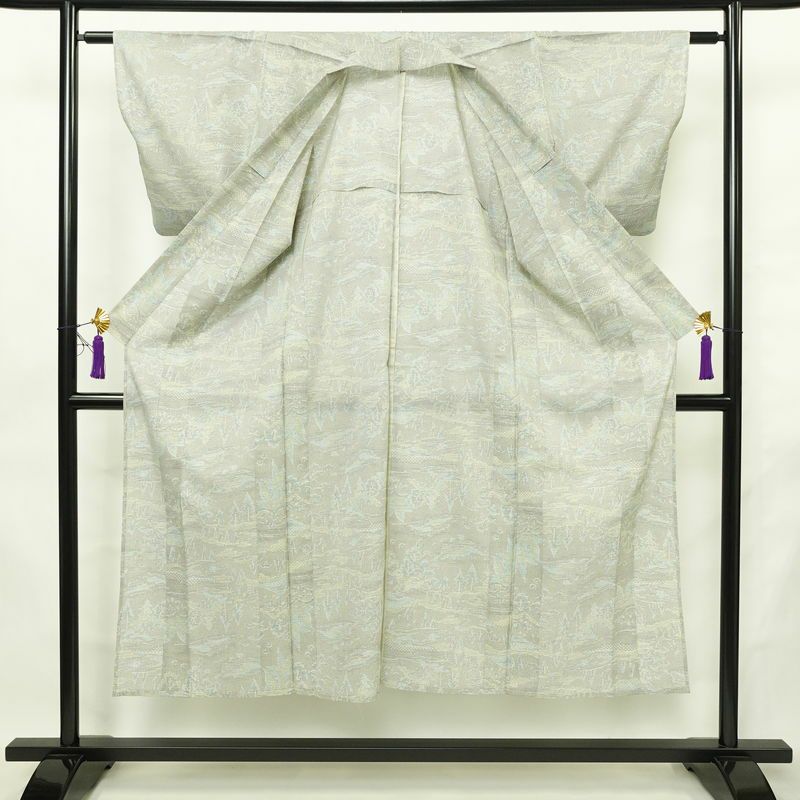 単衣 紬 バチ衿仕立て 混紡 風景柄 単衣仕立て 身丈146cm 裄丈60.5cm リサイクル着物 着物 多色使い_画像3