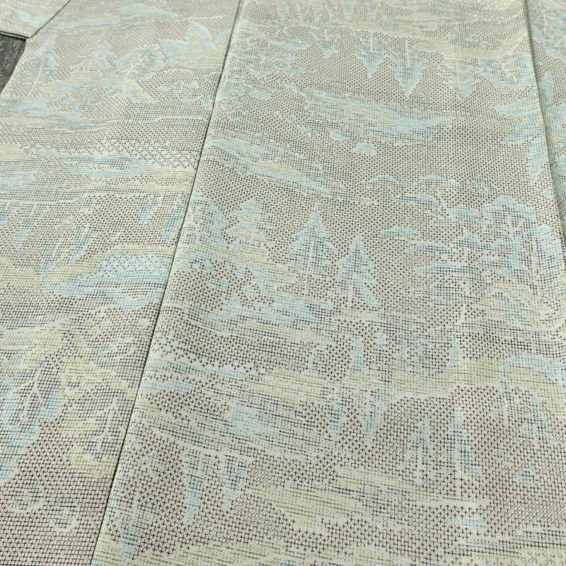 単衣 紬 バチ衿仕立て 混紡 風景柄 単衣仕立て 身丈146cm 裄丈60.5cm リサイクル着物 着物 多色使い_画像5