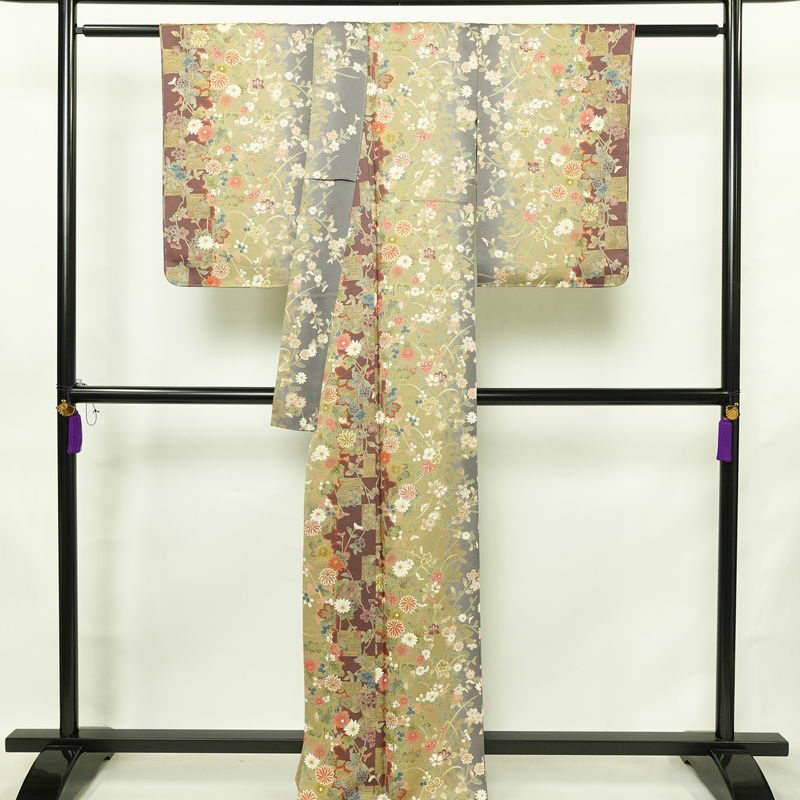 小紋 しつけ糸付き 正絹 花柄 袷仕立て 身丈166cm 裄丈64cm リサイクル着物 着物 多色使い_画像2