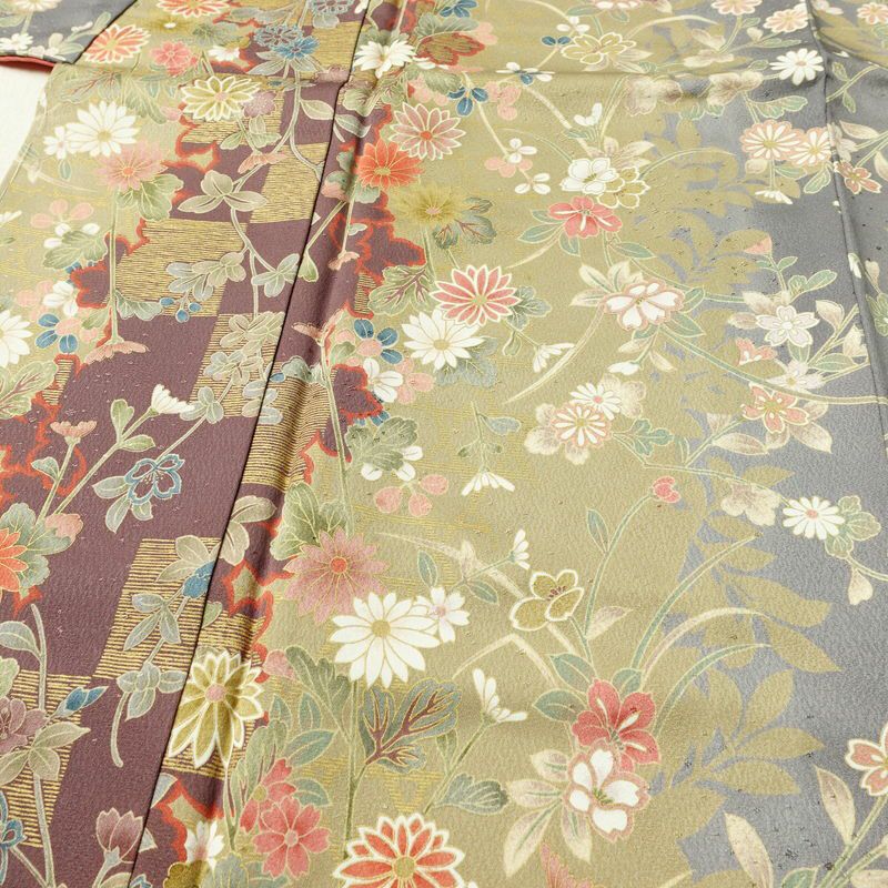 小紋 しつけ糸付き 正絹 花柄 袷仕立て 身丈166cm 裄丈64cm リサイクル着物 着物 多色使い_画像5