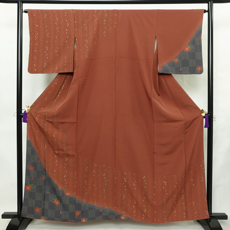 訪問着 良品 縮緬 正絹 花柄 袷仕立て 身丈159.5cm 裄丈65cm リサイクル着物 着物 箔 入学式 卒業式 七五三 お宮参り フォーマル 桜 茶_画像1