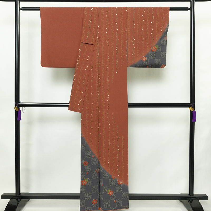 訪問着 良品 縮緬 正絹 花柄 袷仕立て 身丈159.5cm 裄丈65cm リサイクル着物 着物 箔 入学式 卒業式 七五三 お宮参り フォーマル 桜 茶_画像2