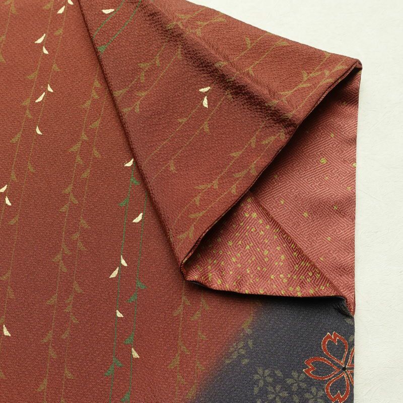 訪問着 良品 縮緬 正絹 花柄 袷仕立て 身丈159.5cm 裄丈65cm リサイクル着物 着物 箔 入学式 卒業式 七五三 お宮参り フォーマル 桜 茶_画像15