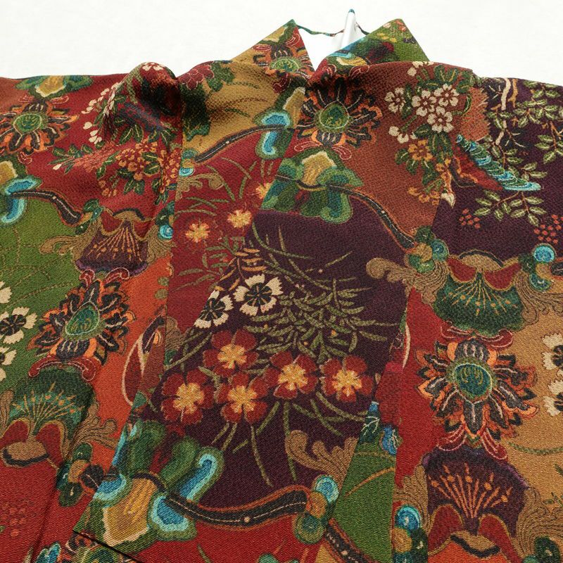 小紋 縮緬 総柄 正絹 幾何学柄・抽象柄 袷仕立て 身丈155cm 裄丈62.5cm リサイクル着物 着物 多色使い_画像16