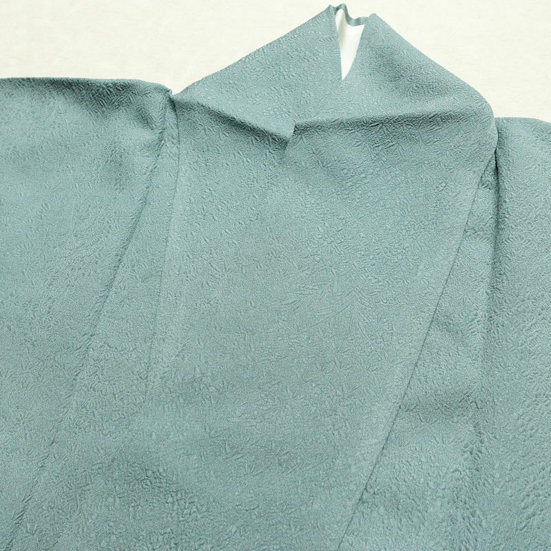 色無地 良品 毎田仁郎 落款入り 一つ紋付き 正絹 木の葉・植物柄 袷仕立て 身丈163cm 裄丈63cm リサイクル着物 一部しつけ糸付き 着物 入学式 卒業式 お茶会 七五三 お宮参り フォーマル 青・紺_画像16