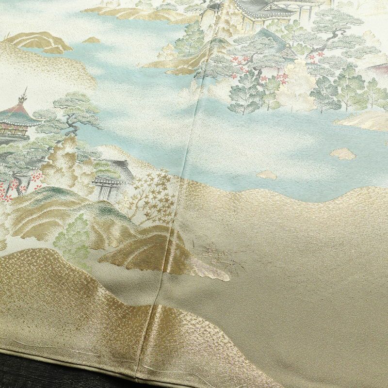 色留袖 良品 しつけ糸付き 一つ紋付き 正絹 風景柄 袷仕立て 身丈152cm 裄丈63cm リサイクル着物 着物 箔 結婚式 パーティー フォーマル ベージュ_画像11
