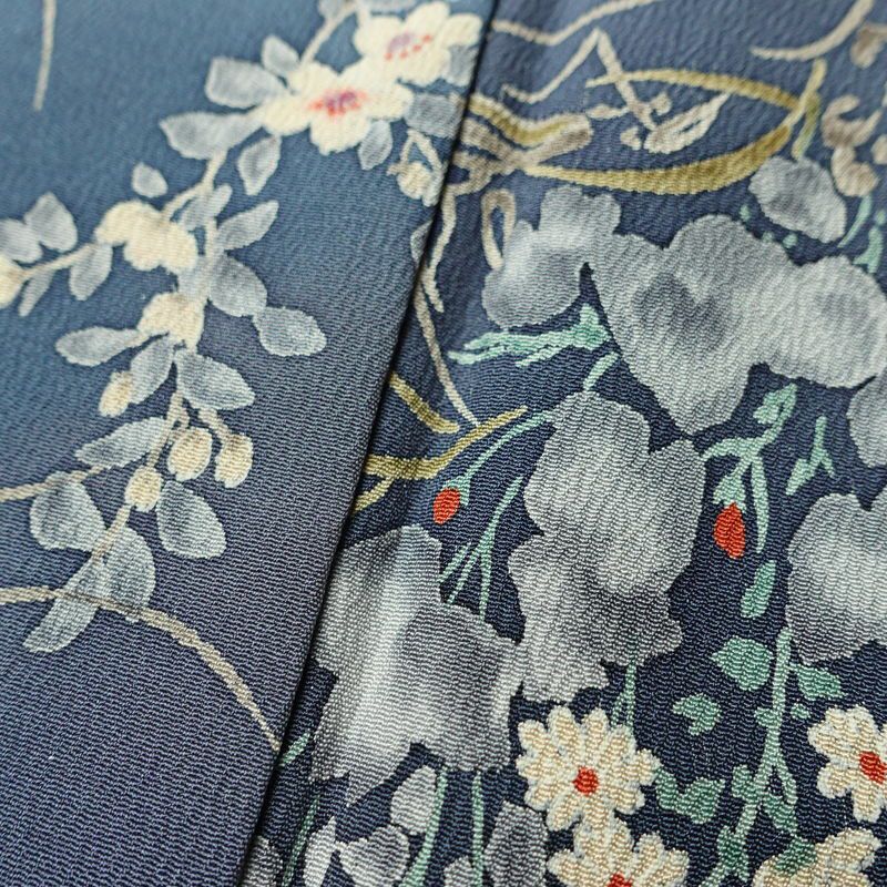小紋 縮緬 総柄 正絹 花柄 袷仕立て 身丈157.5cm 裄丈62.5cm リサイクル着物 着物 くすみブルー 青・紺_画像10