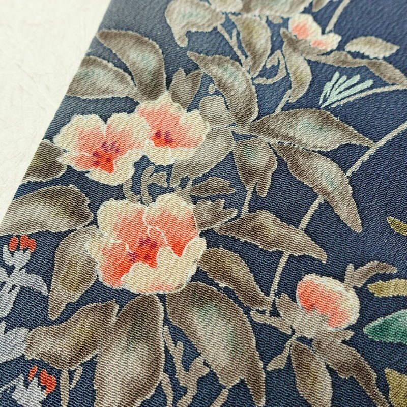 小紋 縮緬 総柄 正絹 花柄 袷仕立て 身丈157.5cm 裄丈62.5cm リサイクル着物 着物 くすみブルー 青・紺_画像11