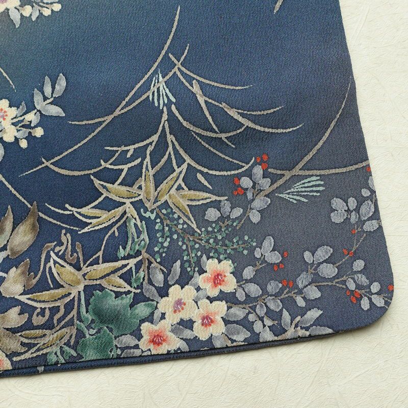 小紋 縮緬 総柄 正絹 花柄 袷仕立て 身丈157.5cm 裄丈62.5cm リサイクル着物 着物 くすみブルー 青・紺_画像16