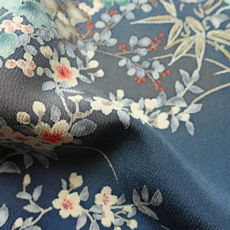 小紋 縮緬 総柄 正絹 花柄 袷仕立て 身丈157.5cm 裄丈62.5cm リサイクル着物 着物 くすみブルー 青・紺_画像21