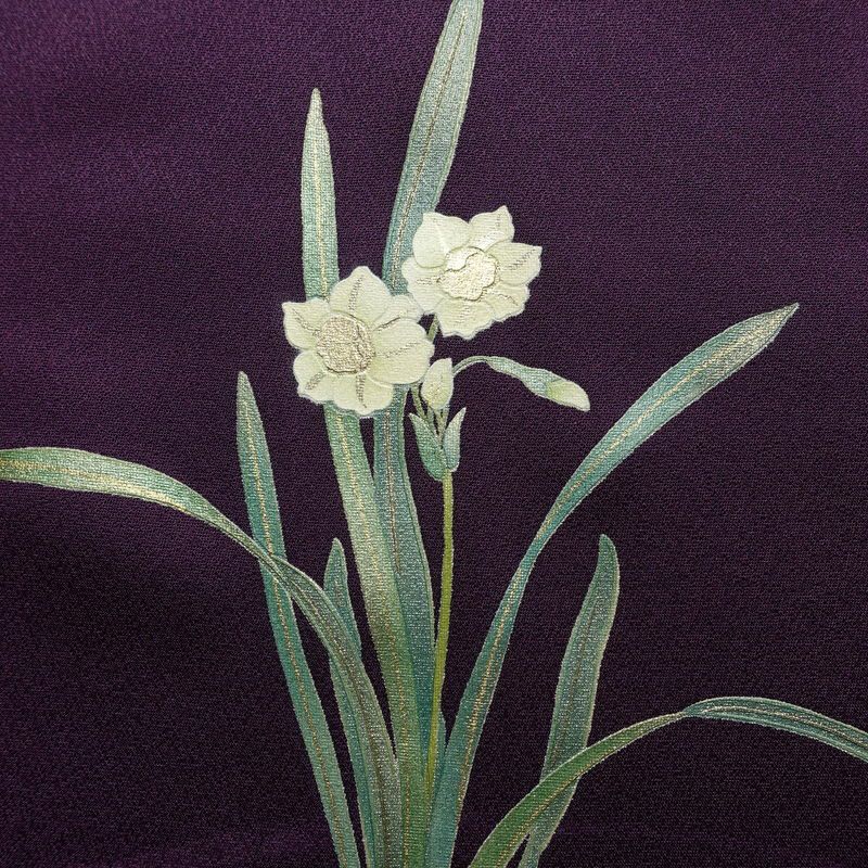 付け下げ 良品 落款入り 正絹 花柄 袷仕立て 身丈166.5cm 裄丈66.5cm リサイクル着物 着物 箔 金彩 入学式 卒業式 七五三 お宮参り フォーマル シンプル 水仙 紫・藤色_画像11