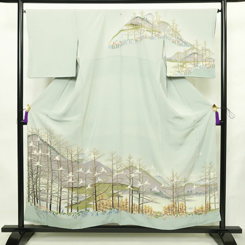 訪問着 落款入り 縮緬 一つ紋付き 正絹 風景柄 袷仕立て 身丈155cm 裄丈66cm リサイクル着物 着物 入学式 卒業式 七五三 お宮参り フォーマル 上品 青・紺_画像1