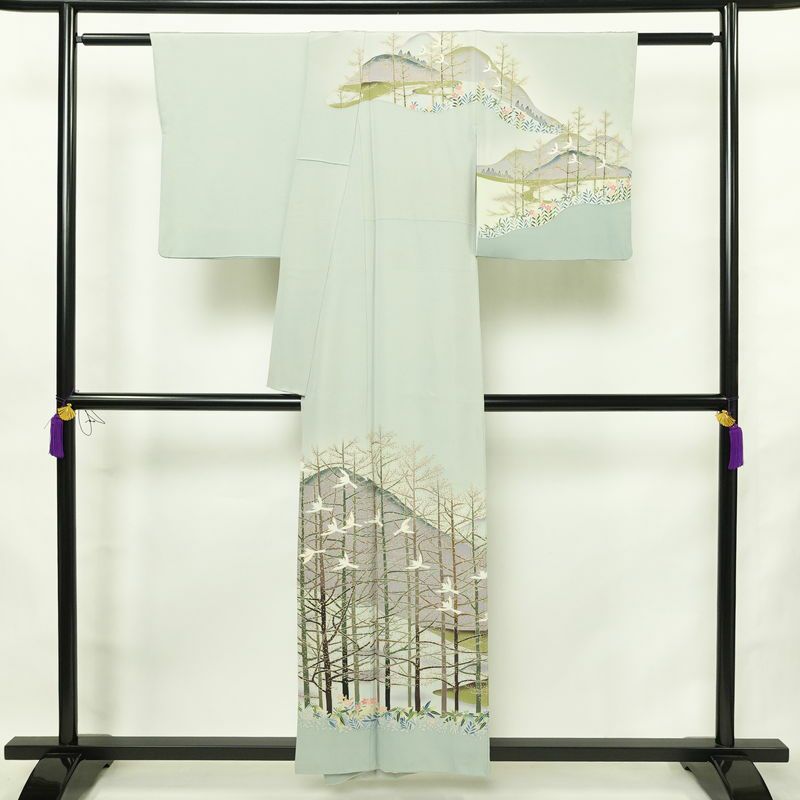 訪問着 落款入り 縮緬 一つ紋付き 正絹 風景柄 袷仕立て 身丈155cm 裄丈66cm リサイクル着物 着物 入学式 卒業式 七五三 お宮参り フォーマル 上品 青・紺_画像2