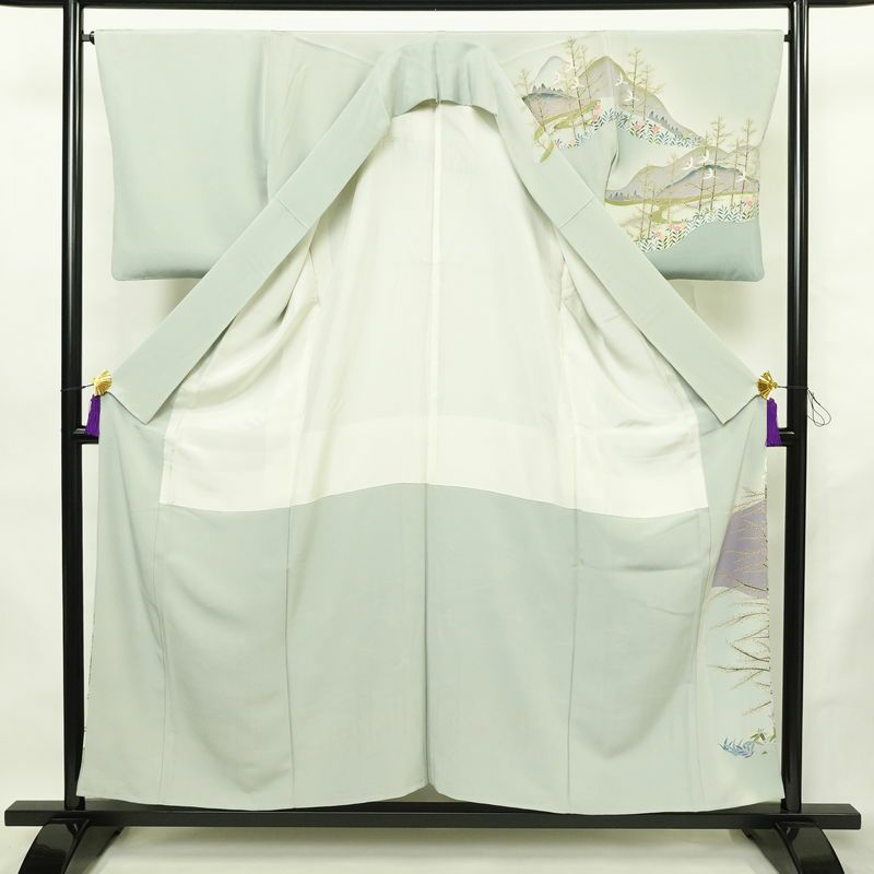 訪問着 落款入り 縮緬 一つ紋付き 正絹 風景柄 袷仕立て 身丈155cm 裄丈66cm リサイクル着物 着物 入学式 卒業式 七五三 お宮参り フォーマル 上品 青・紺_画像3