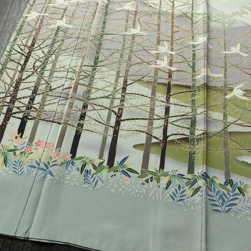 訪問着 落款入り 縮緬 一つ紋付き 正絹 風景柄 袷仕立て 身丈155cm 裄丈66cm リサイクル着物 着物 入学式 卒業式 七五三 お宮参り フォーマル 上品 青・紺_画像4