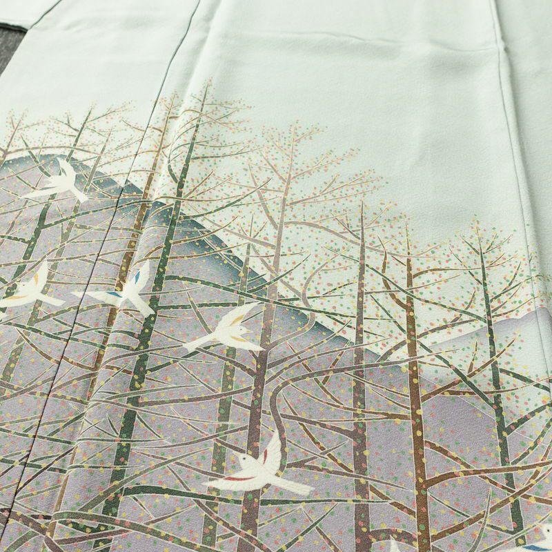 訪問着 落款入り 縮緬 一つ紋付き 正絹 風景柄 袷仕立て 身丈155cm 裄丈66cm リサイクル着物 着物 入学式 卒業式 七五三 お宮参り フォーマル 上品 青・紺_画像5