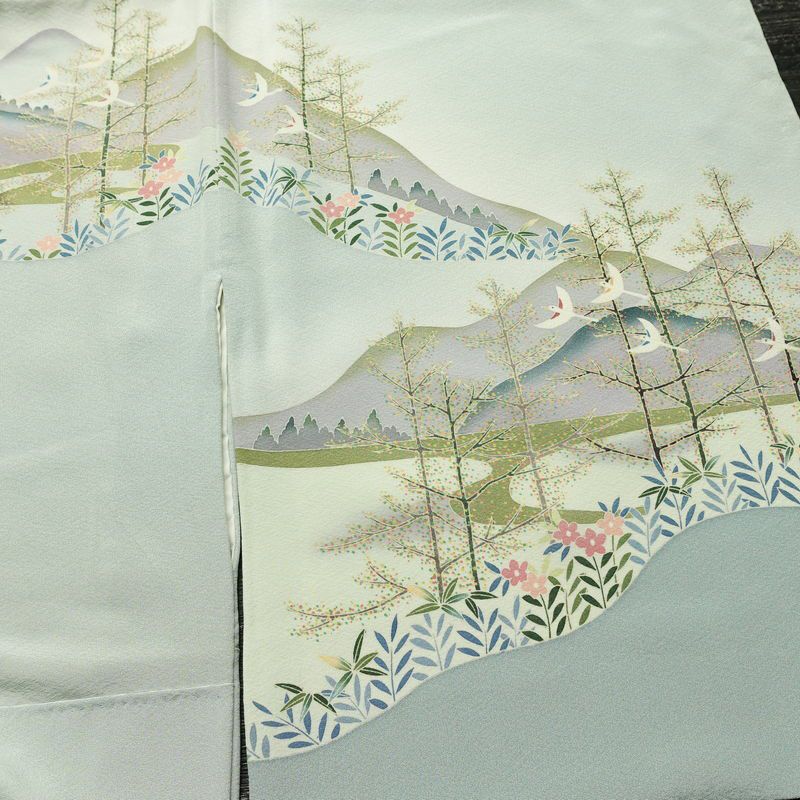 訪問着 落款入り 縮緬 一つ紋付き 正絹 風景柄 袷仕立て 身丈155cm 裄丈66cm リサイクル着物 着物 入学式 卒業式 七五三 お宮参り フォーマル 上品 青・紺_画像15