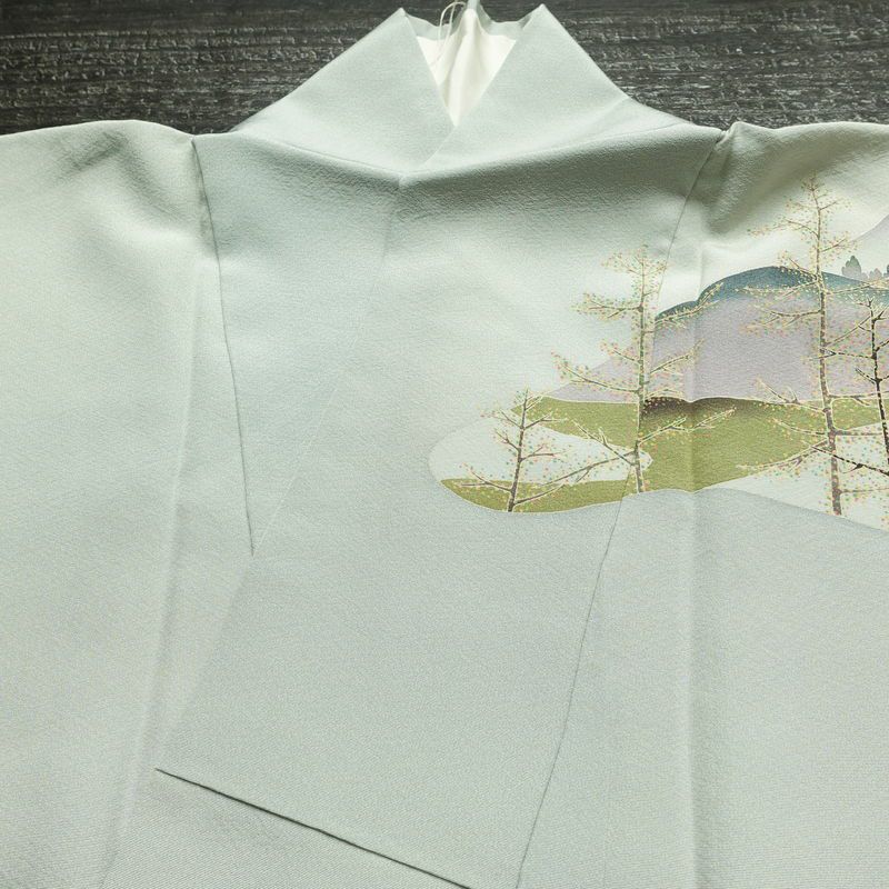 訪問着 落款入り 縮緬 一つ紋付き 正絹 風景柄 袷仕立て 身丈155cm 裄丈66cm リサイクル着物 着物 入学式 卒業式 七五三 お宮参り フォーマル 上品 青・紺_画像18