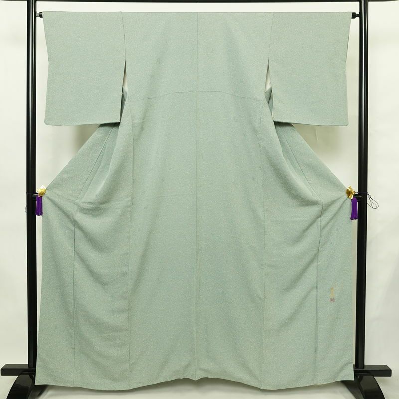 小紋 正絹 きもの志麻 木の葉・植物柄 袷仕立て 身丈161.5cm 裄丈64.5cm リサイクル着物 着物 シンプル ブルーグリーン 緑・うぐいす色