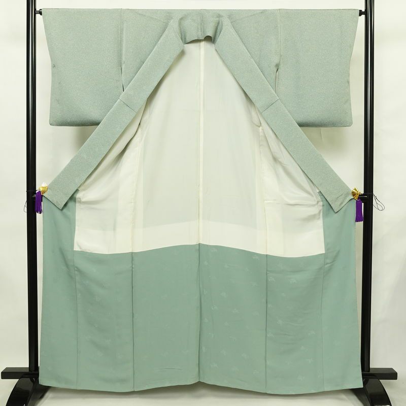 小紋 正絹 きもの志麻 木の葉・植物柄 袷仕立て 身丈161.5cm 裄丈64.5cm リサイクル着物 着物 シンプル ブルーグリーン 緑・うぐいす色_画像3