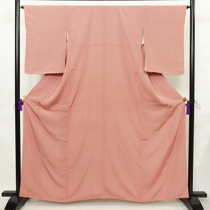 小紋 良品 しつけ糸付き バチ衿仕立て 正絹 チェック・格子柄 袷仕立て 身丈161.5cm 裄丈64.5cm リサイクル着物 着物 カジュアル 赤・朱_画像1