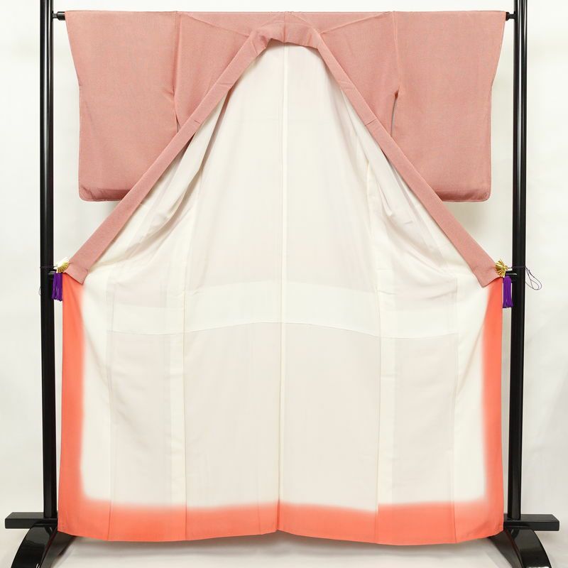 小紋 良品 しつけ糸付き バチ衿仕立て 正絹 チェック・格子柄 袷仕立て 身丈161.5cm 裄丈64.5cm リサイクル着物 着物 カジュアル 赤・朱_画像3