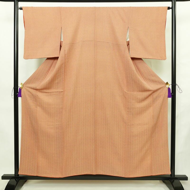 小紋 良品 縮緬 正絹 古典柄 袷仕立て 身丈155.5cm 裄丈64cm リサイクル着物 着物 橙_画像1