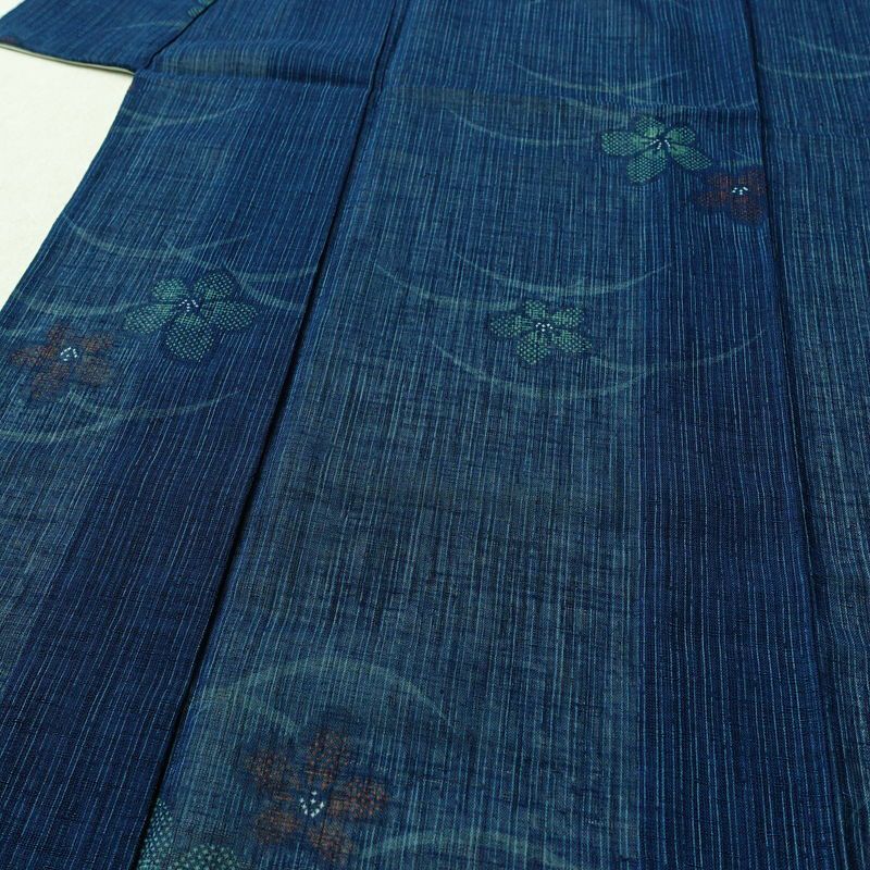 盛夏 小紋 美品 しつけ糸付き 夏用 ポリエステル 花柄 単衣仕立て 身丈160.5cm 裄丈64.5cm リサイクル着物 着物 青・紺_画像5