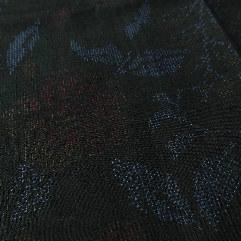 紬 しつけ糸付き 正絹 木の葉・植物柄 袷仕立て 身丈154cm 裄丈63cm リサイクル着物 着物 青・紺_画像8