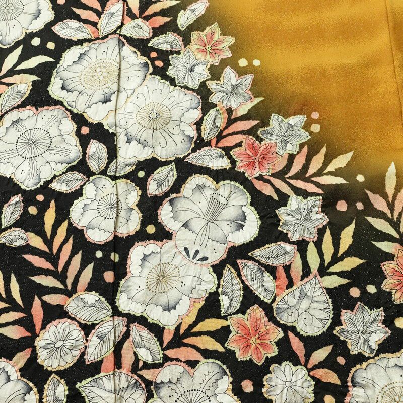 振袖 良品 落款入り 絞り 正絹 花柄 袷仕立て 身丈160cm 裄丈66cm リサイクル着物 着物 金彩 成人式 二十歳 二十歳の集い フォーマル 黄・黄土色_画像6