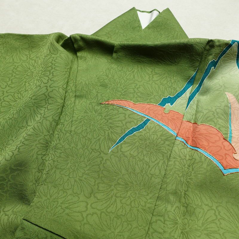 振袖 金駒刺繍 正絹 古典柄 袷仕立て 身丈166cm 裄丈65.5cm リサイクル着物 着物 刺繍 共八掛 金彩 成人式 二十歳 二十歳の集い 緑・うぐいす色_画像19