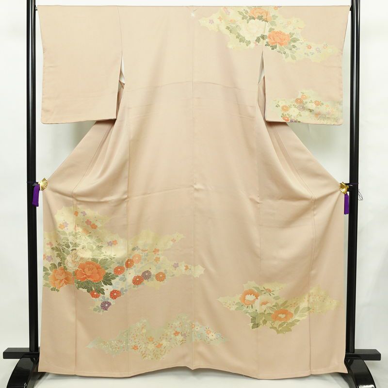 訪問着 良品 金駒刺繍 しつけ糸付き 一つ紋付き 正絹 花柄 袷仕立て 身丈165cm 裄丈66.5cm リサイクル着物 着物 箔 入学式 卒業式 七五三 お宮参り フォーマル ベージュ_画像1