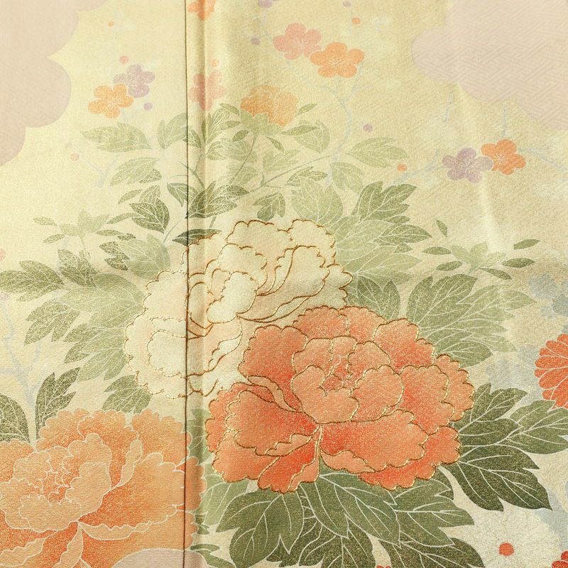訪問着 良品 金駒刺繍 しつけ糸付き 一つ紋付き 正絹 花柄 袷仕立て 身丈165cm 裄丈66.5cm リサイクル着物 着物 箔 入学式 卒業式 七五三 お宮参り フォーマル ベージュ_画像6