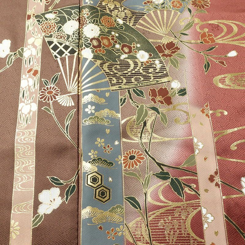 訪問着 しつけ糸付き 綸子 正絹 古典柄 袷仕立て 身丈156cm 裄丈64.5cm リサイクル着物 着物 箔 入学式 卒業式 結婚式 七五三 お宮参り フォーマル 小豆・エンジ_画像6