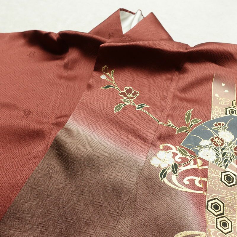 訪問着 しつけ糸付き 綸子 正絹 古典柄 袷仕立て 身丈156cm 裄丈64.5cm リサイクル着物 着物 箔 入学式 卒業式 結婚式 七五三 お宮参り フォーマル 小豆・エンジ_画像18