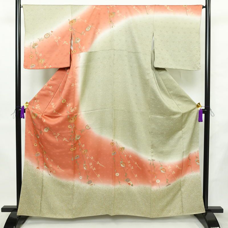 訪問着 良品 しつけ糸付き 綸子 正絹 花柄 袷仕立て 身丈161.5cm 裄丈66cm リサイクル着物 着物 箔 入学式 卒業式 七五三 お宮参り フォーマル 緑・うぐいす色_画像1