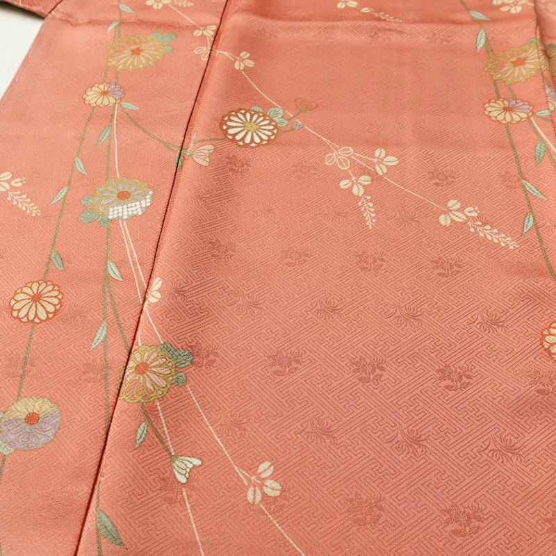 訪問着 良品 しつけ糸付き 綸子 正絹 花柄 袷仕立て 身丈161.5cm 裄丈66cm リサイクル着物 着物 箔 入学式 卒業式 七五三 お宮参り フォーマル 緑・うぐいす色_画像5